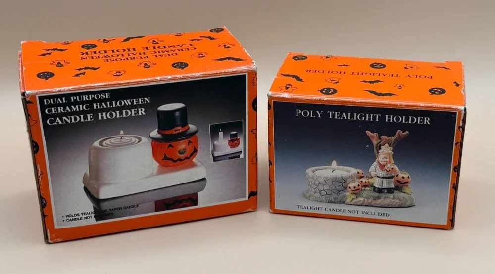 🎃 Vintage Halloween Candle Holder Lot Pumpkin Scarecrow NOS Kmart
